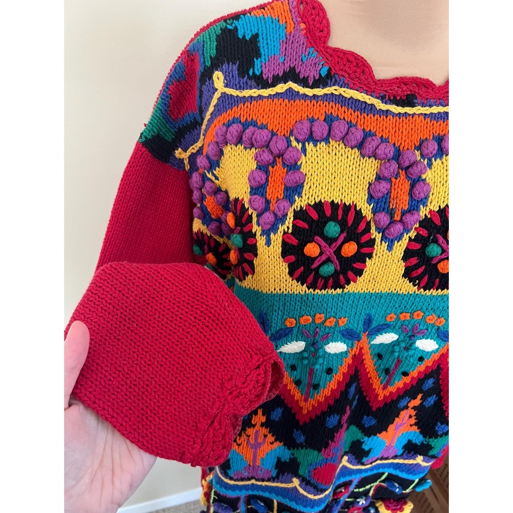 Vintage 80s Colorful Funky Floral 3D Knit Crochet Sweater - Picture 5 of 10